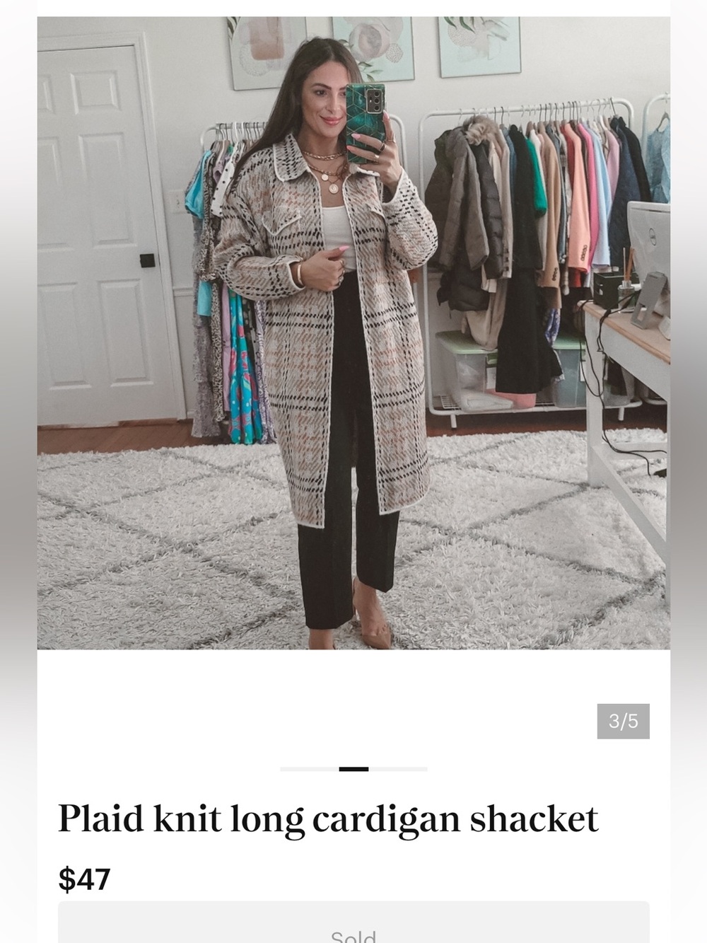 Plaid knit long cardigan shacket